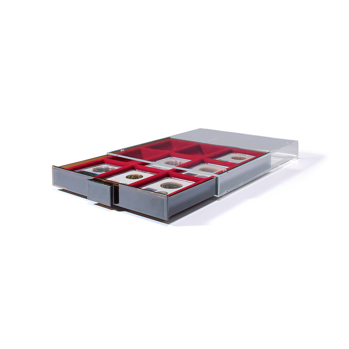 Münzbox 9 eckige Fächer für Slabs, rauchfarben