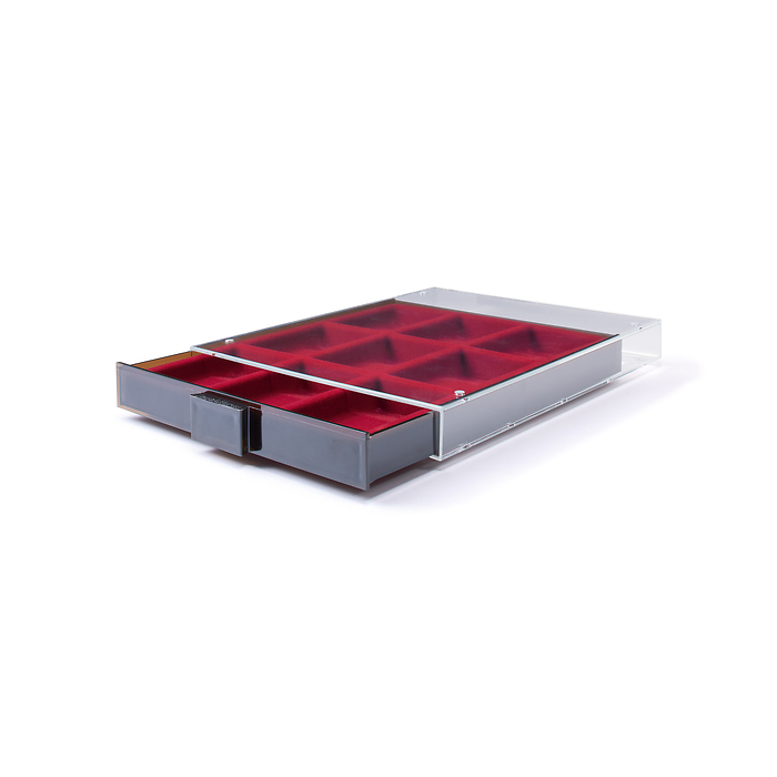 Münzbox 9 eckige Fächer für Slabs, rauchfarben