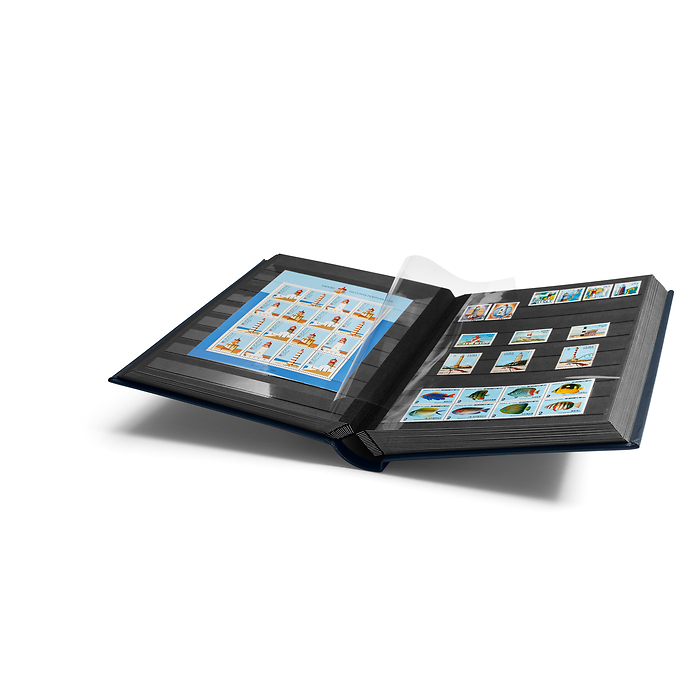 Leder Einsteckbuch, DIN A4, 64 schwarze Seiten, wattierter EchtLeder-Einband, blau