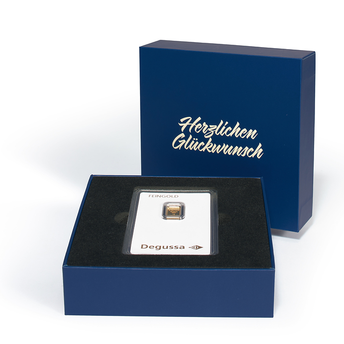 Geschenkschachtel f. einen Goldbarren in Blisterverp. „Herzlichen Glückwunsch“, klassisch